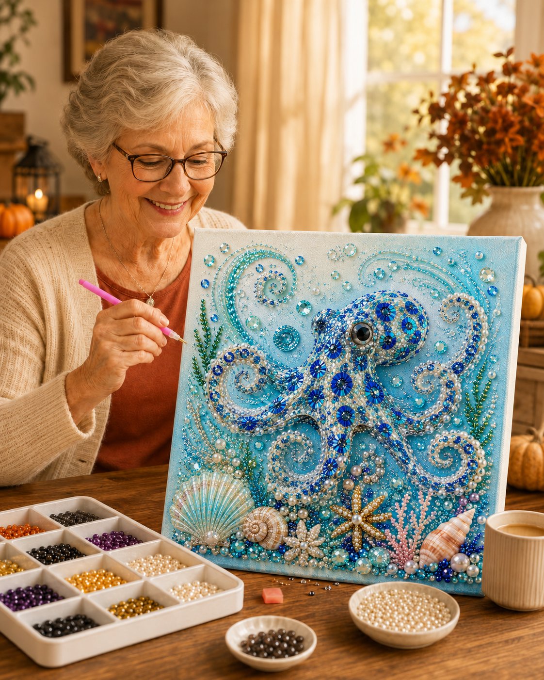 Full octopus ocean pearl painting canvas
