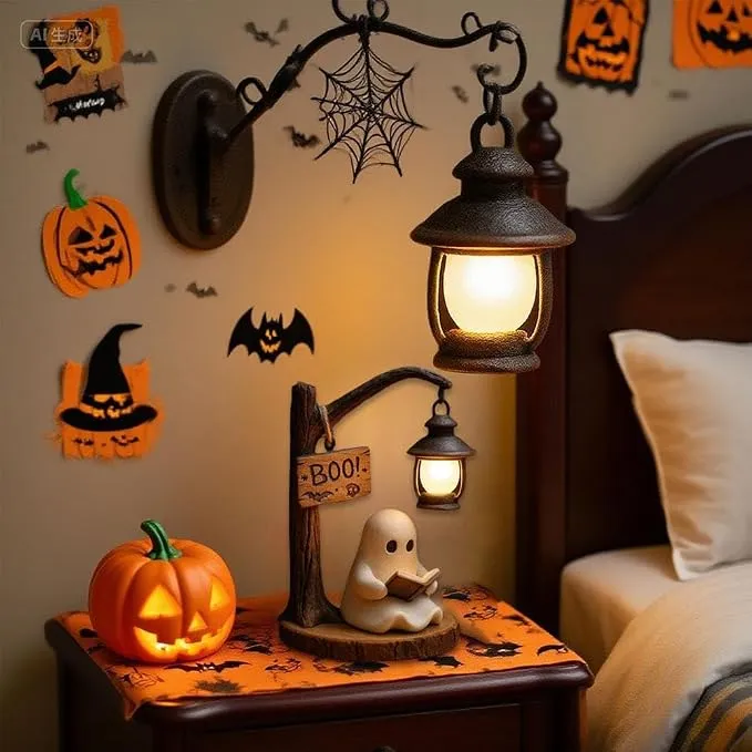 Cute ghost reading book lantern detail