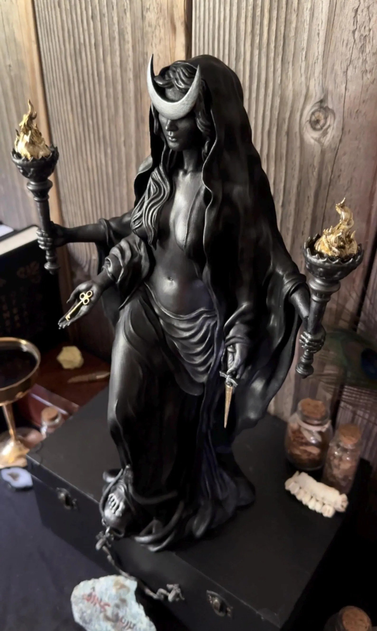 Hecate resin statue hollow base storage detail close-up