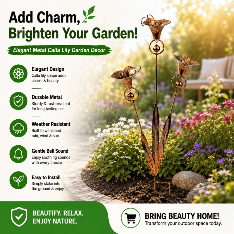 Artistic Handcrafted Calla Lily Metal Garden Stake with Integrated Wind Chimes