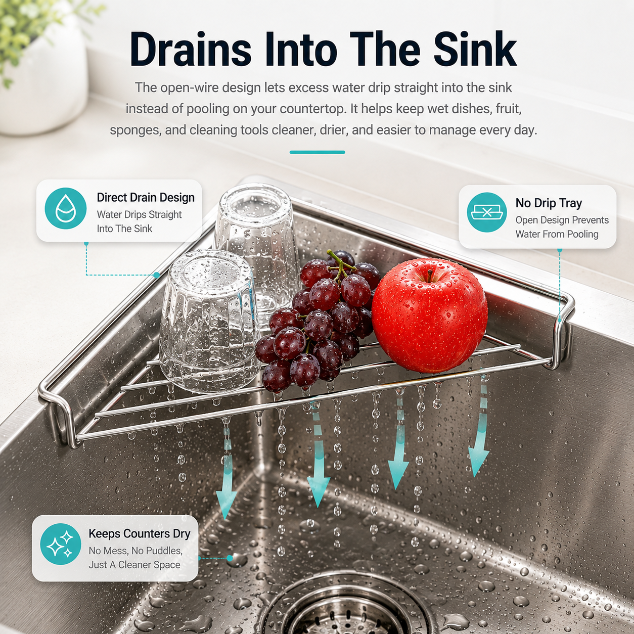 Direct drain sink rack allows water to drip into sink