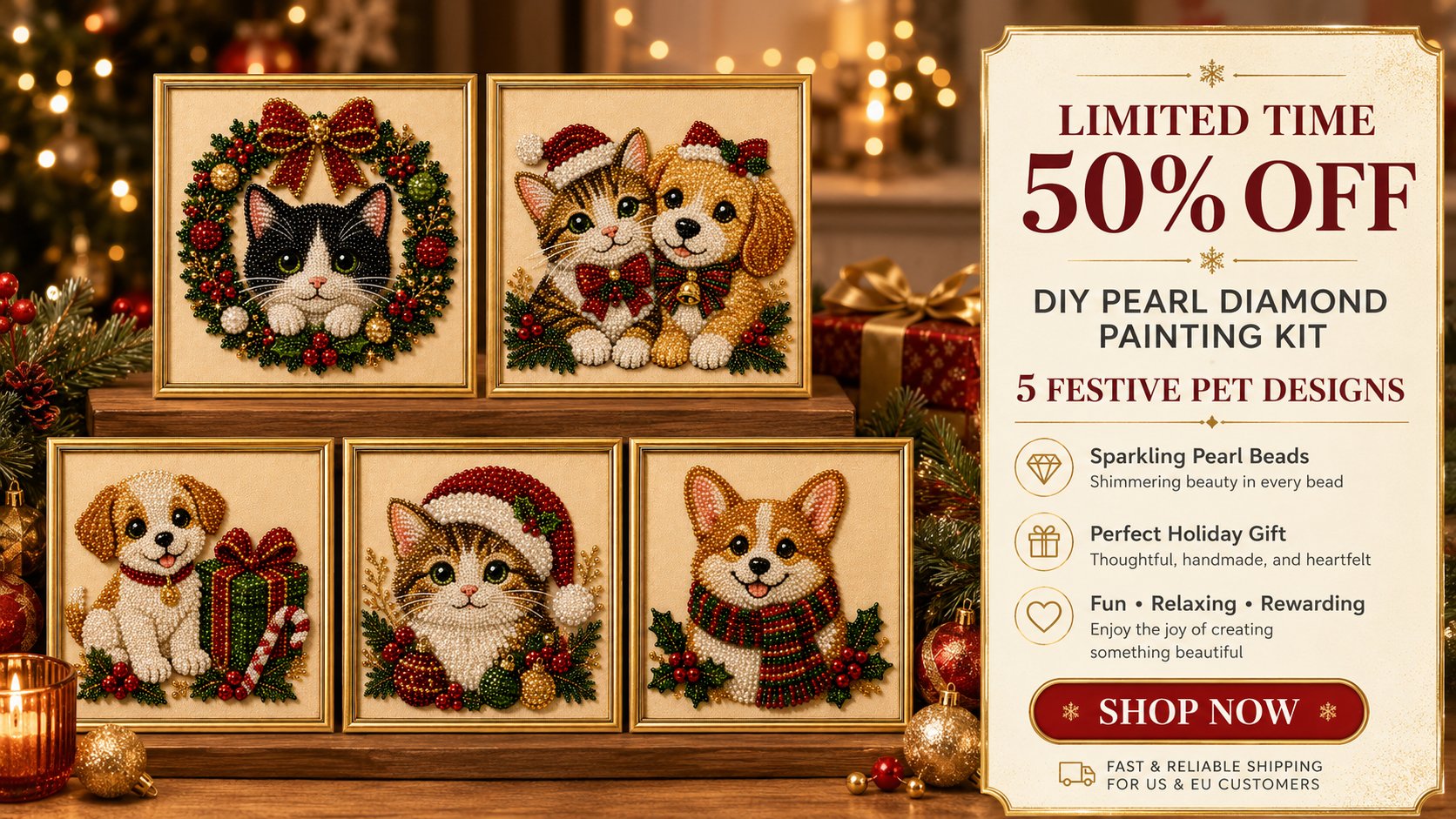 Festive cat & dog pearl painting full preview