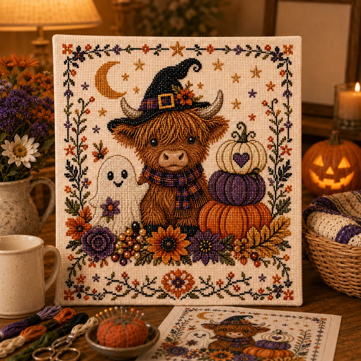 Framed finished Halloween cross stitch on display
