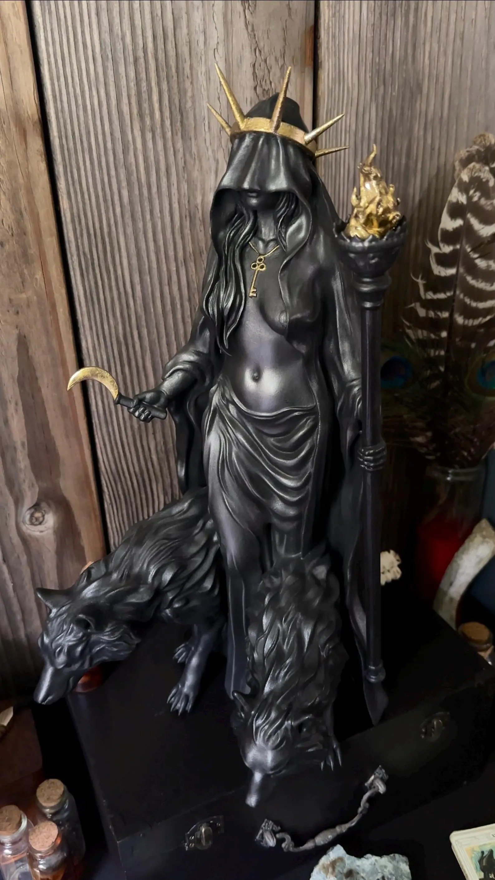 Full room gothic interior with Hecate statue display