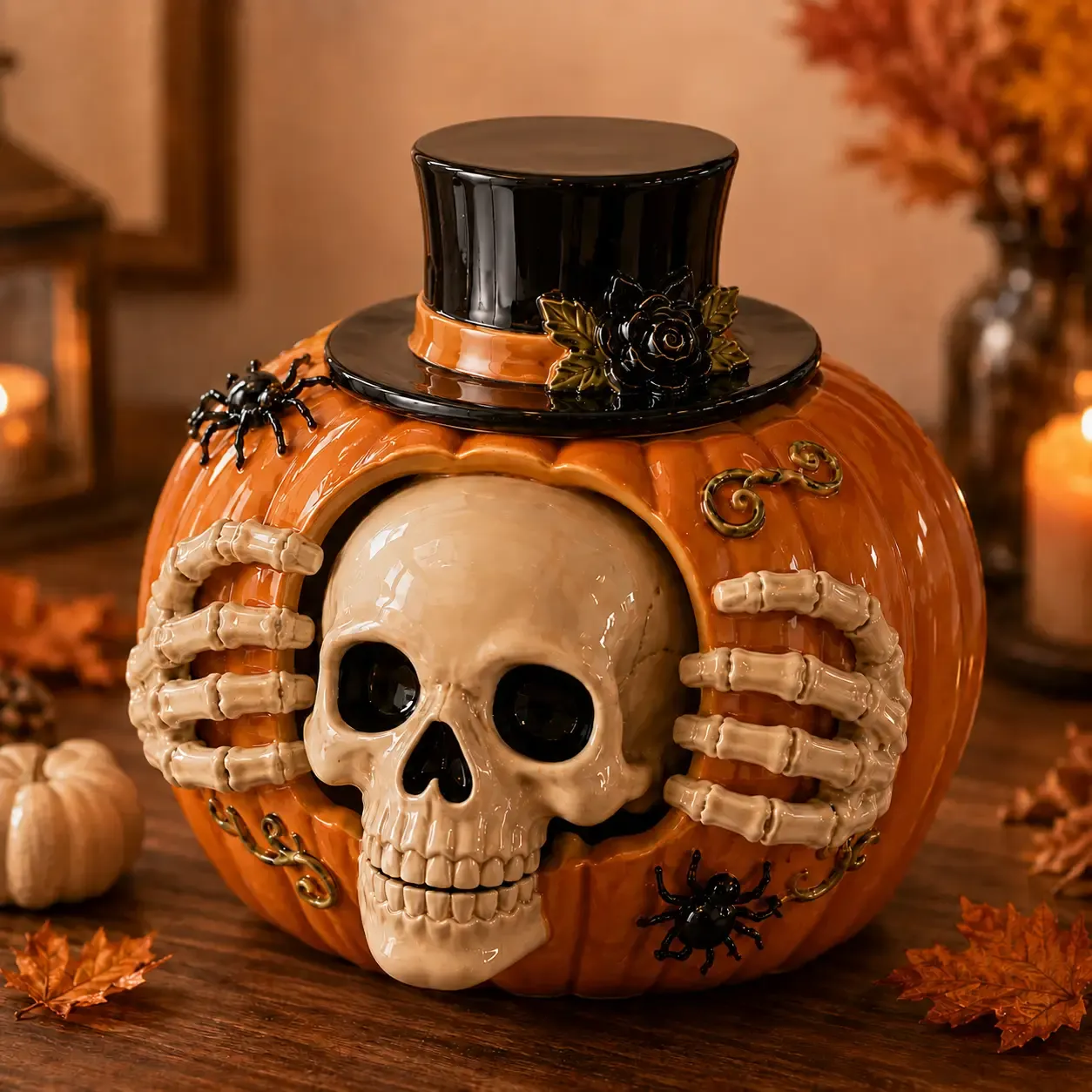 Details of skull pumpkin candy jar