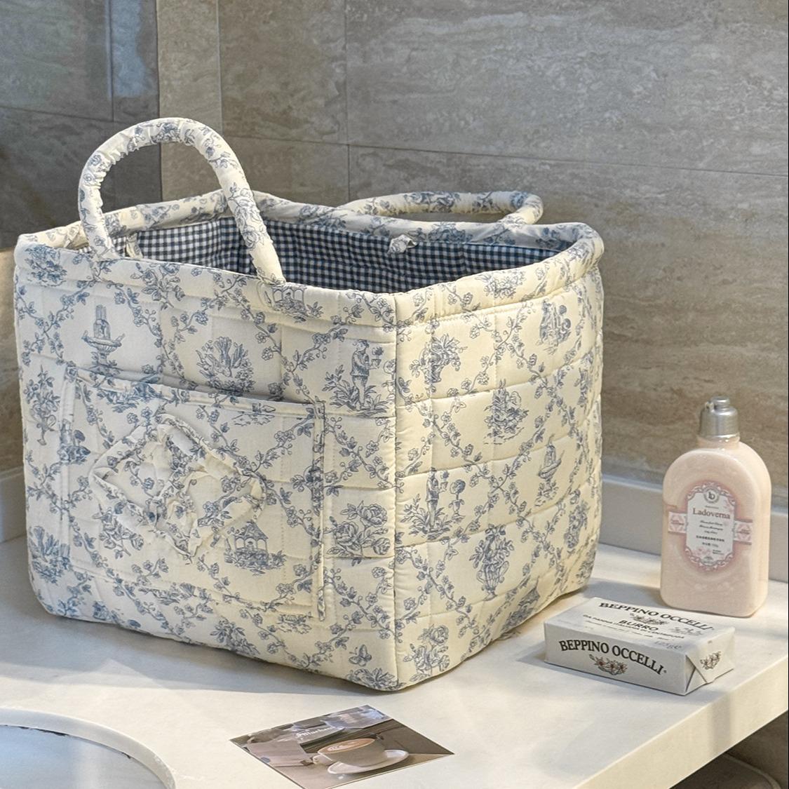 French Vintage Quilted Floral Storage Basket Bag Main Showcase Banner
