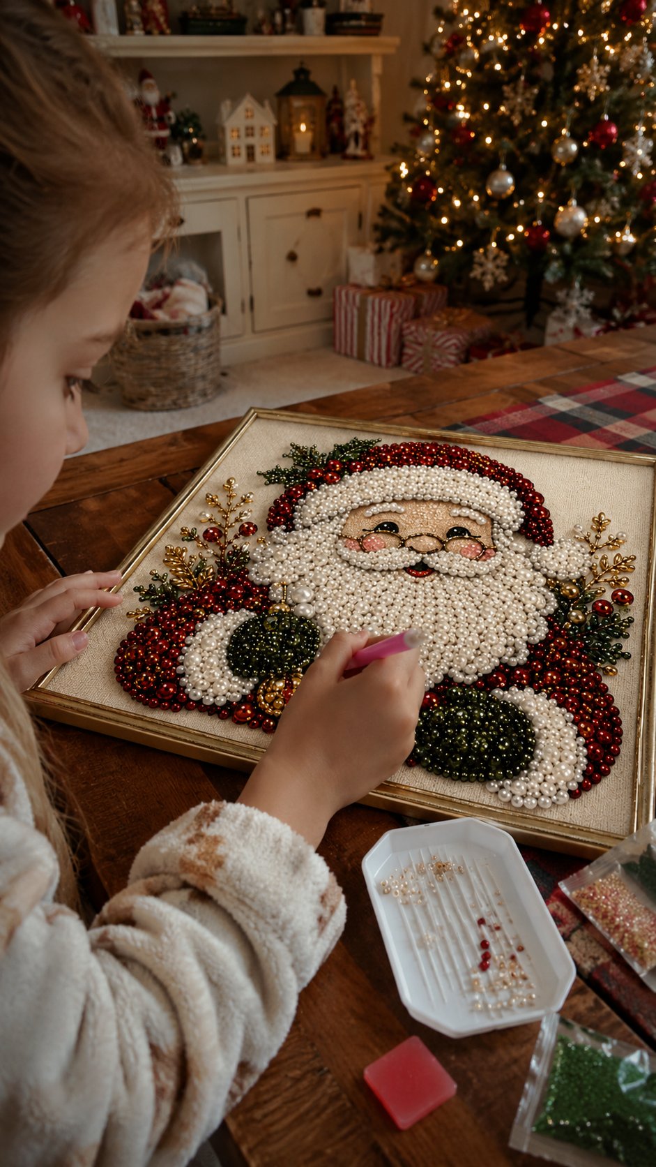 Margaret's finished Santa pearl art on her kitchen table