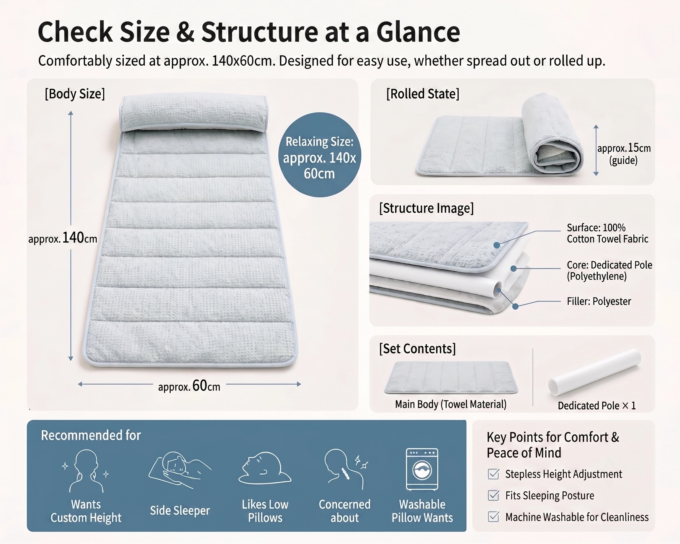 Sleep Towel Therapeutic Towel Pillow Height Adjustable Neck Support Pillow Travel Portable Pillow