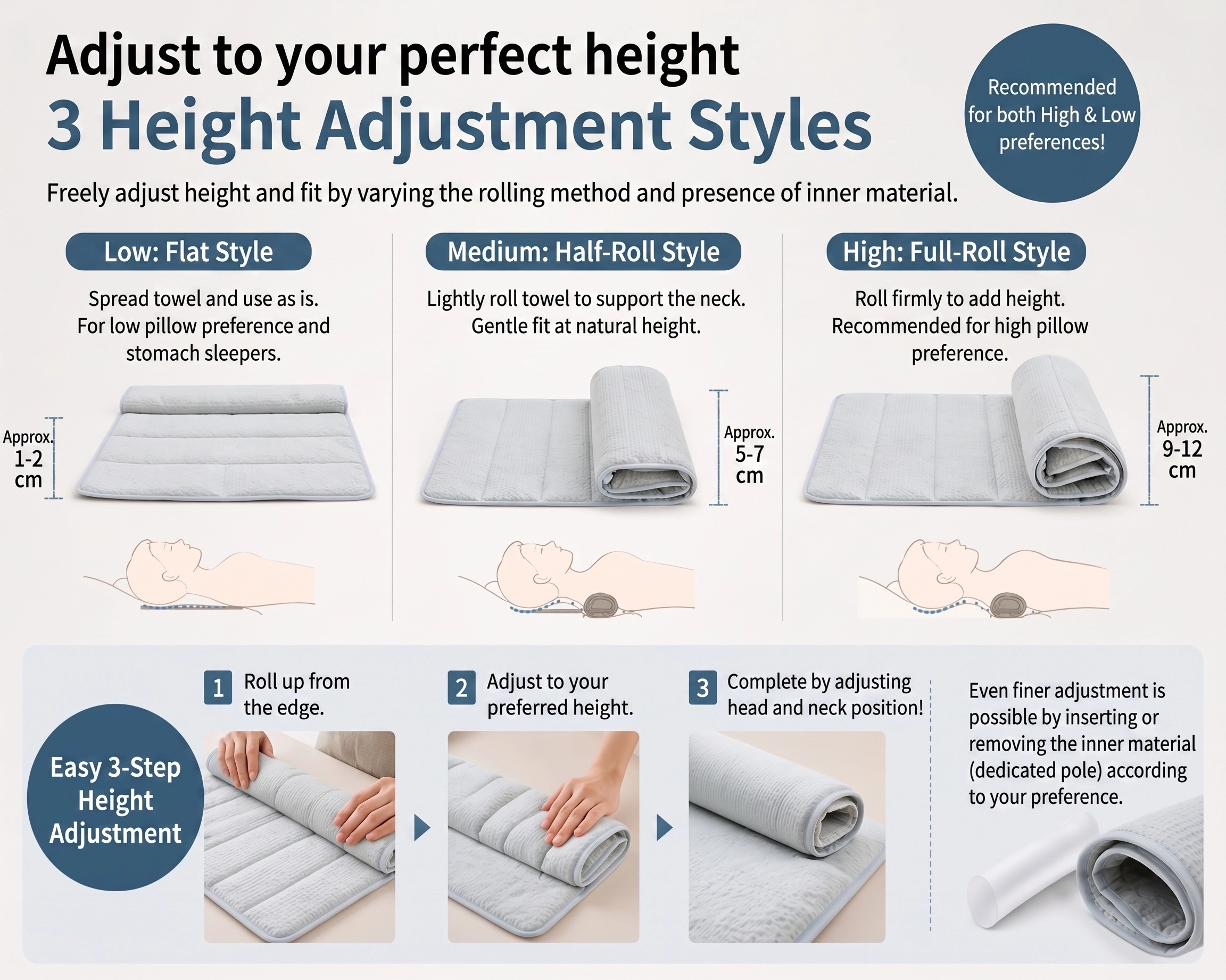Sleep Towel Therapeutic Towel Pillow Height Adjustable Neck Support Pillow Travel Portable Pillow
