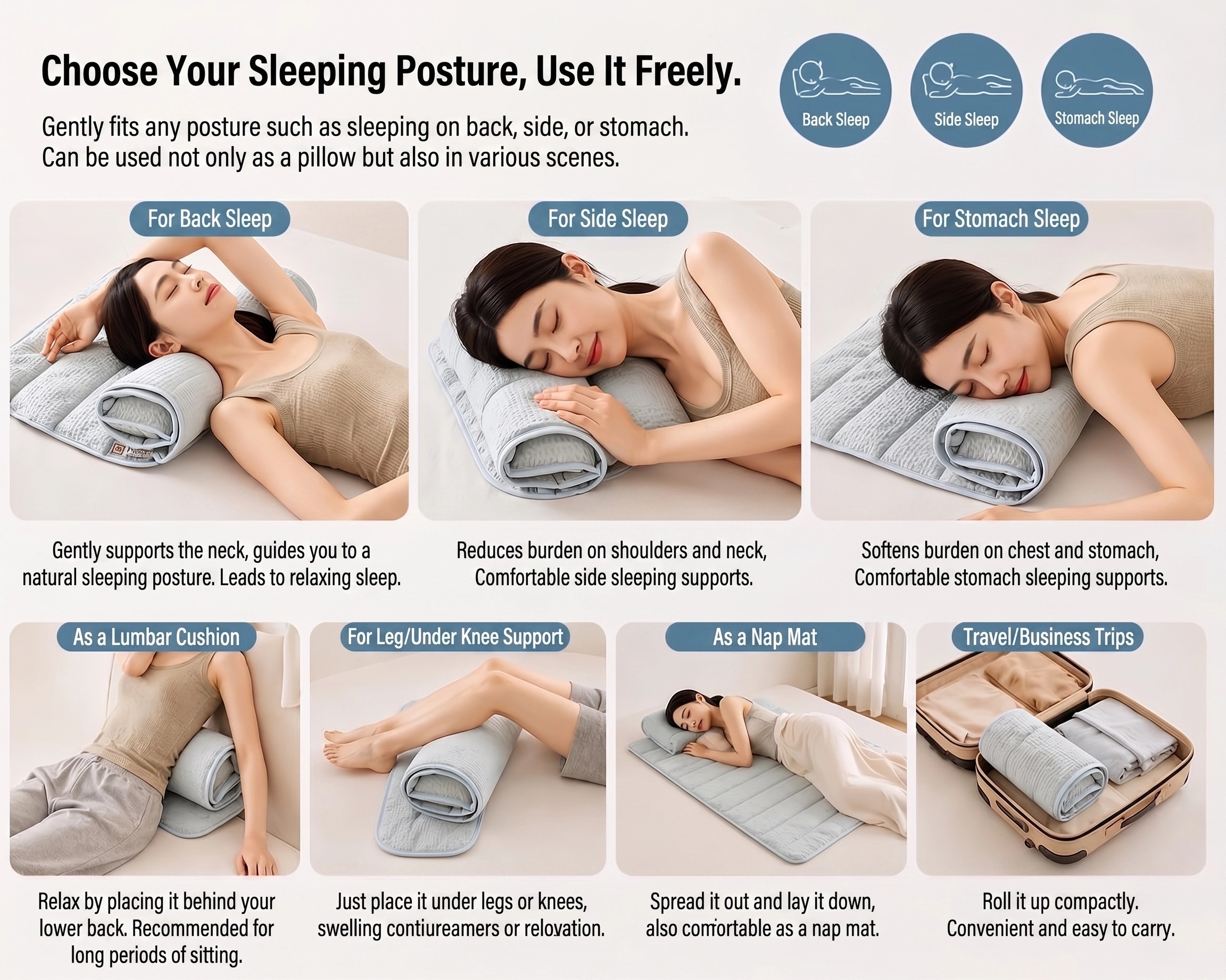 Sleep Towel Therapeutic Towel Pillow Height Adjustable Neck Support Pillow Travel Portable Pillow