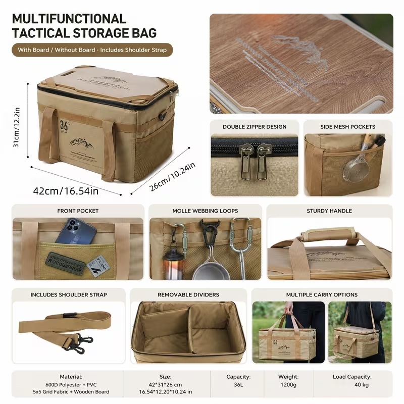 36L Waterproof Oxford Camping Storage Bag Built-in Cutting Board Shoulder Strap For Car Outdoor Use