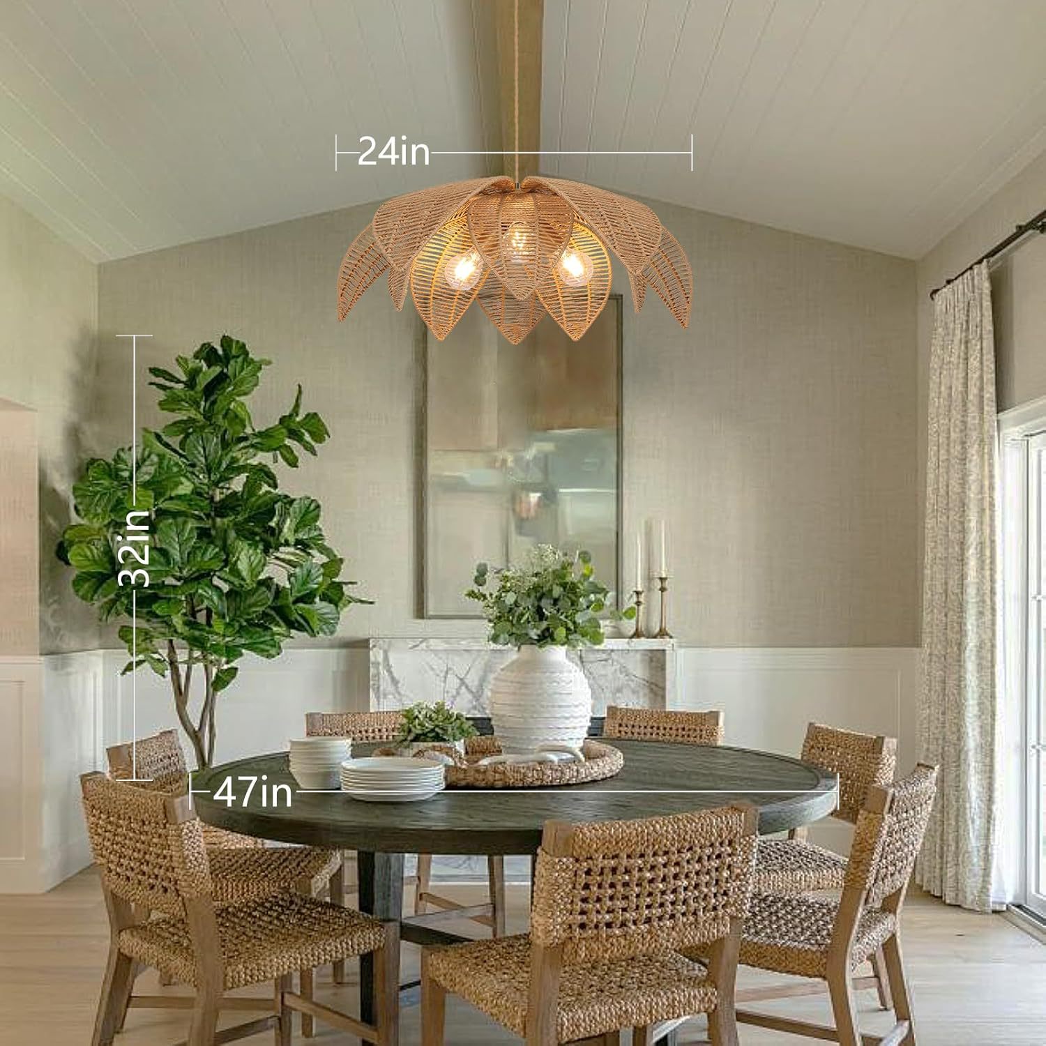 Rattan Boho Chandelier Hand Woven Wicker Pendant Light For Dining Room Kitchen Island Bedroom