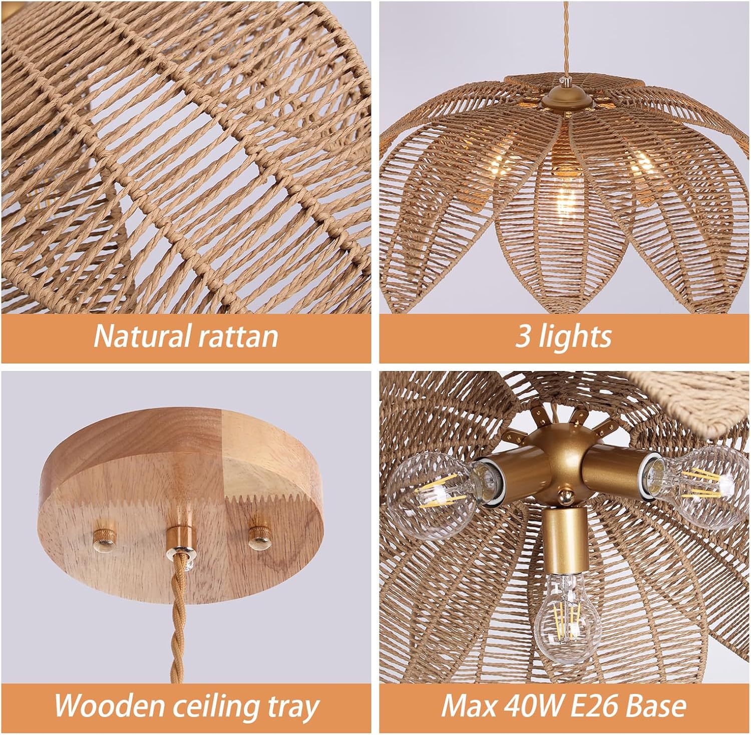 Rattan Boho Chandelier Hand Woven Wicker Pendant Light For Dining Room Kitchen Island Bedroom