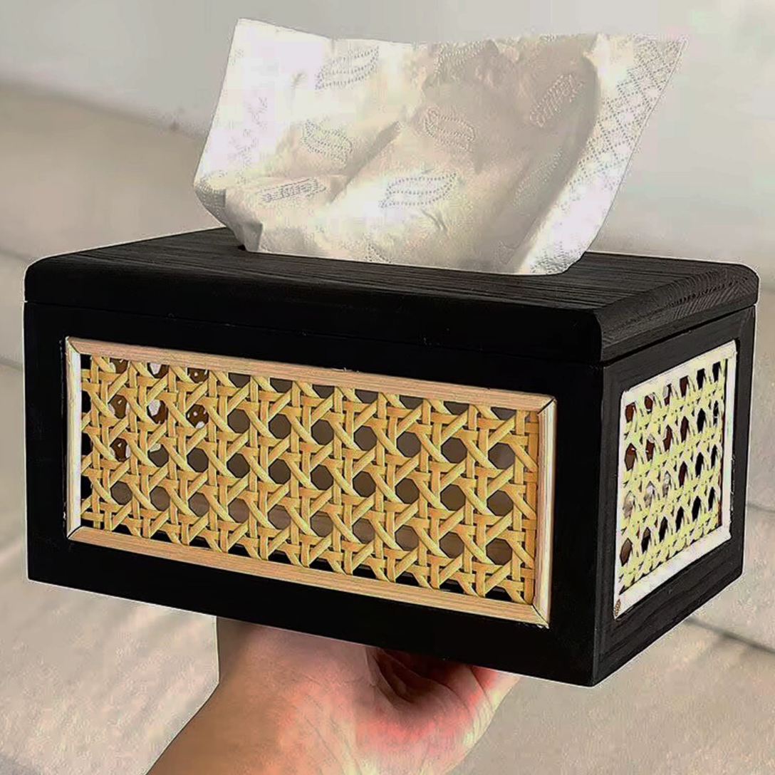 Solid Wood Rattan Tissue Box Woven Facial Tissue Dispenser For Bathroom Bedroom And Office Decor
