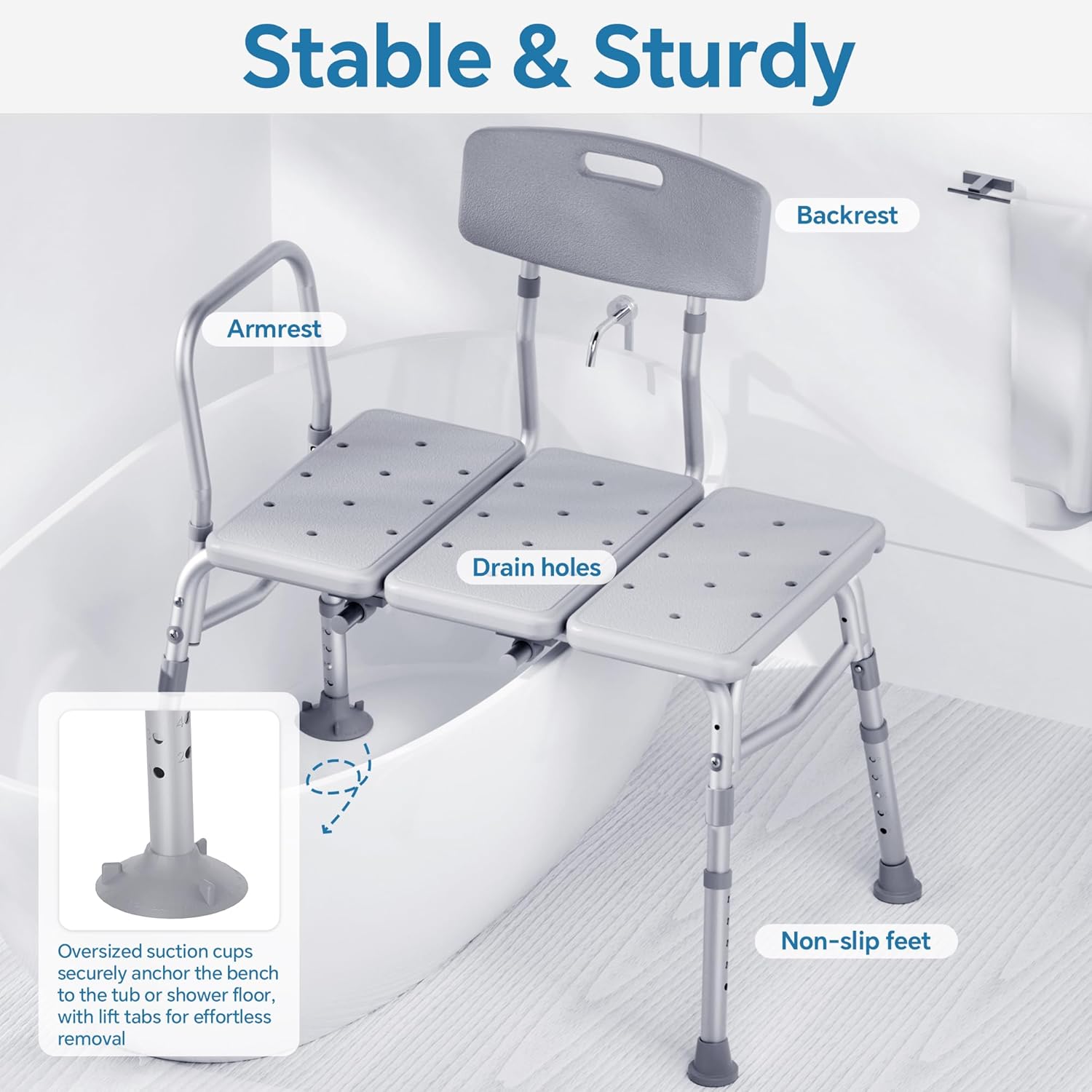 Tub Transfer Bench and Shower Chair with Support Handle Height Adjustable for Elderly & Disabled