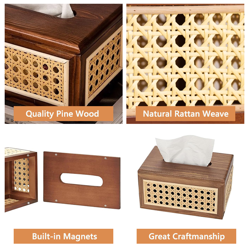 Solid Wood Rattan Tissue Box Woven Facial Tissue Dispenser For Bathroom Bedroom And Office Decor