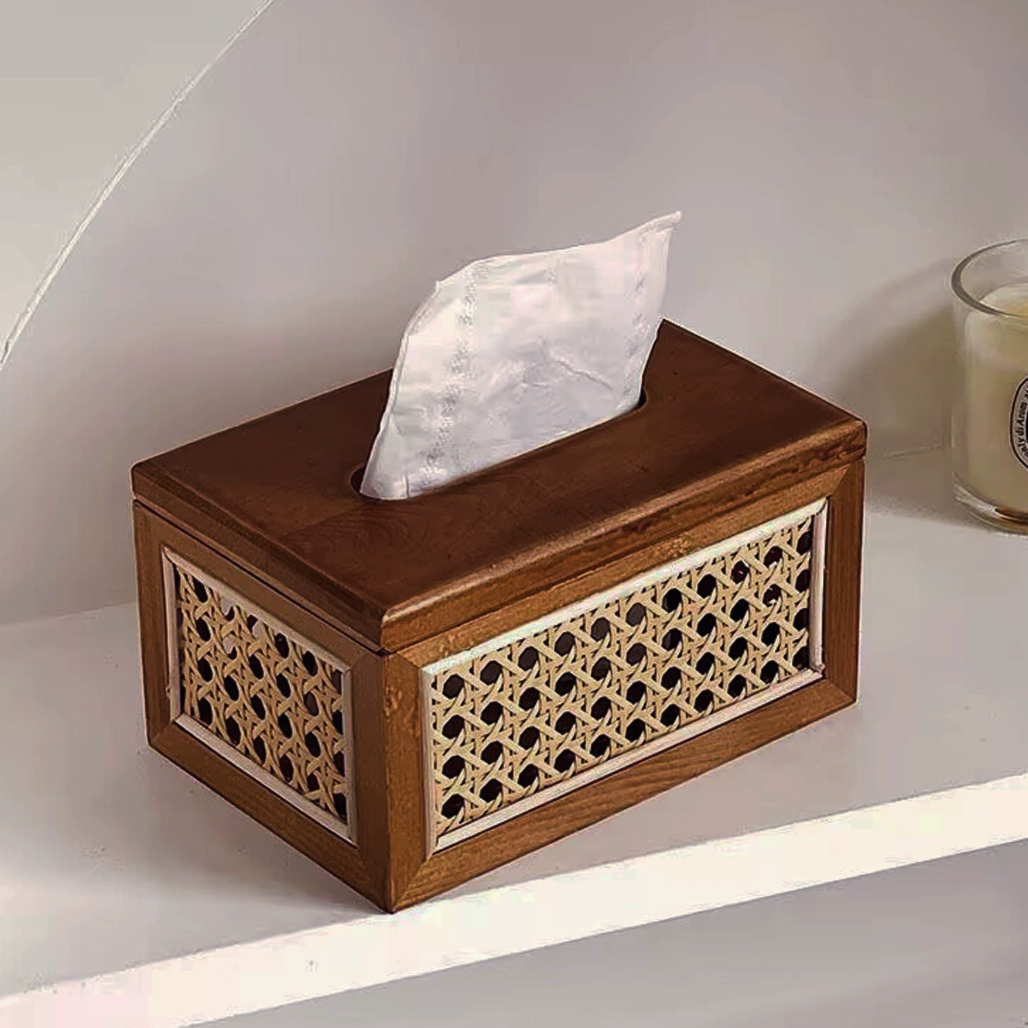 Solid Wood Rattan Tissue Box Woven Facial Tissue Dispenser For Bathroom Bedroom And Office Decor