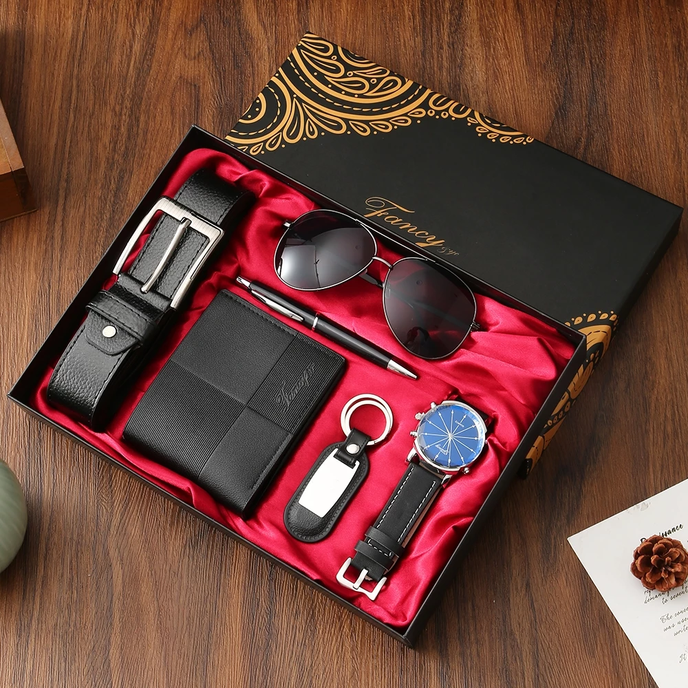 Men's Gift Set With Leather Belt Wallet Watch Glasses Keychain Ballpoint Pen Gifts For Men