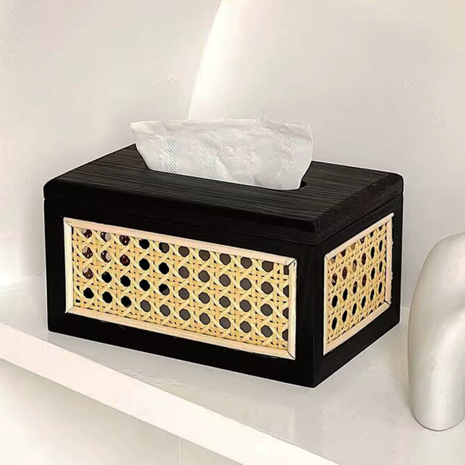 Solid Wood Rattan Tissue Box Woven Facial Tissue Dispenser For Bathroom Bedroom And Office Decor