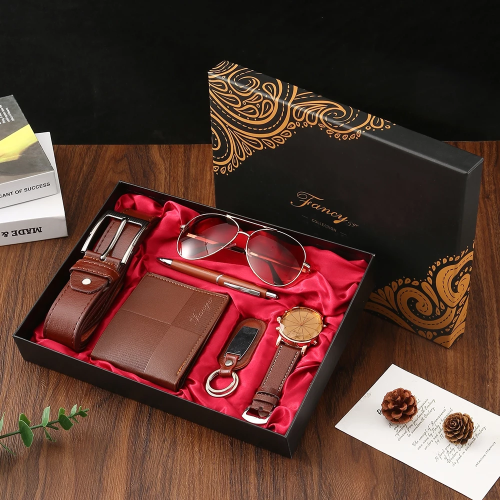 Men's Gift Set With Leather Belt Wallet Watch Glasses Keychain Ballpoint Pen Gifts For Men