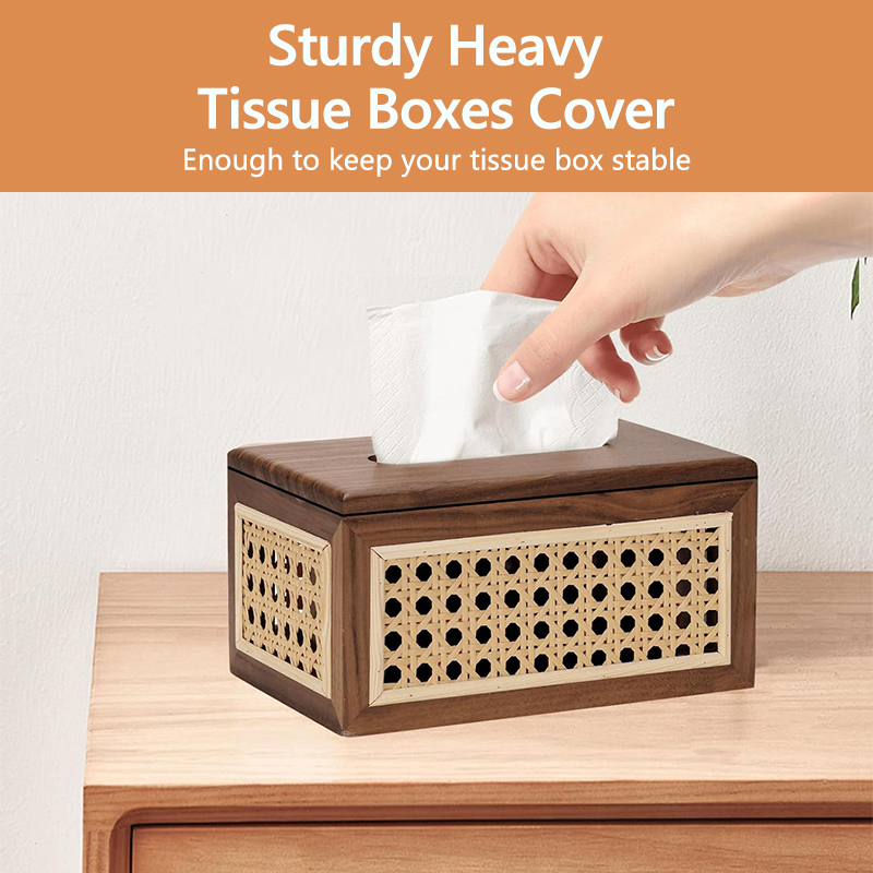 Solid Wood Rattan Tissue Box Woven Facial Tissue Dispenser For Bathroom Bedroom And Office Decor