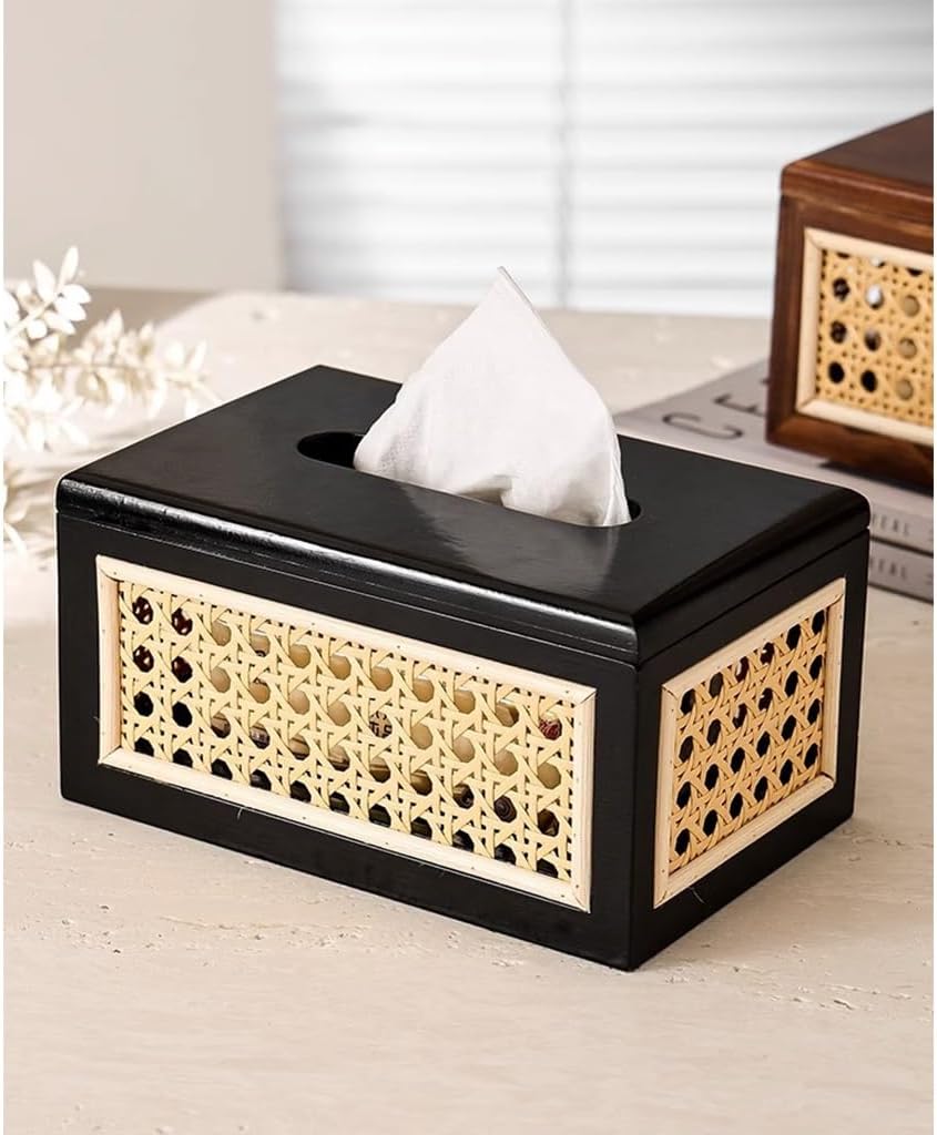 Solid Wood Rattan Tissue Box Woven Facial Tissue Dispenser For Bathroom Bedroom And Office Decor