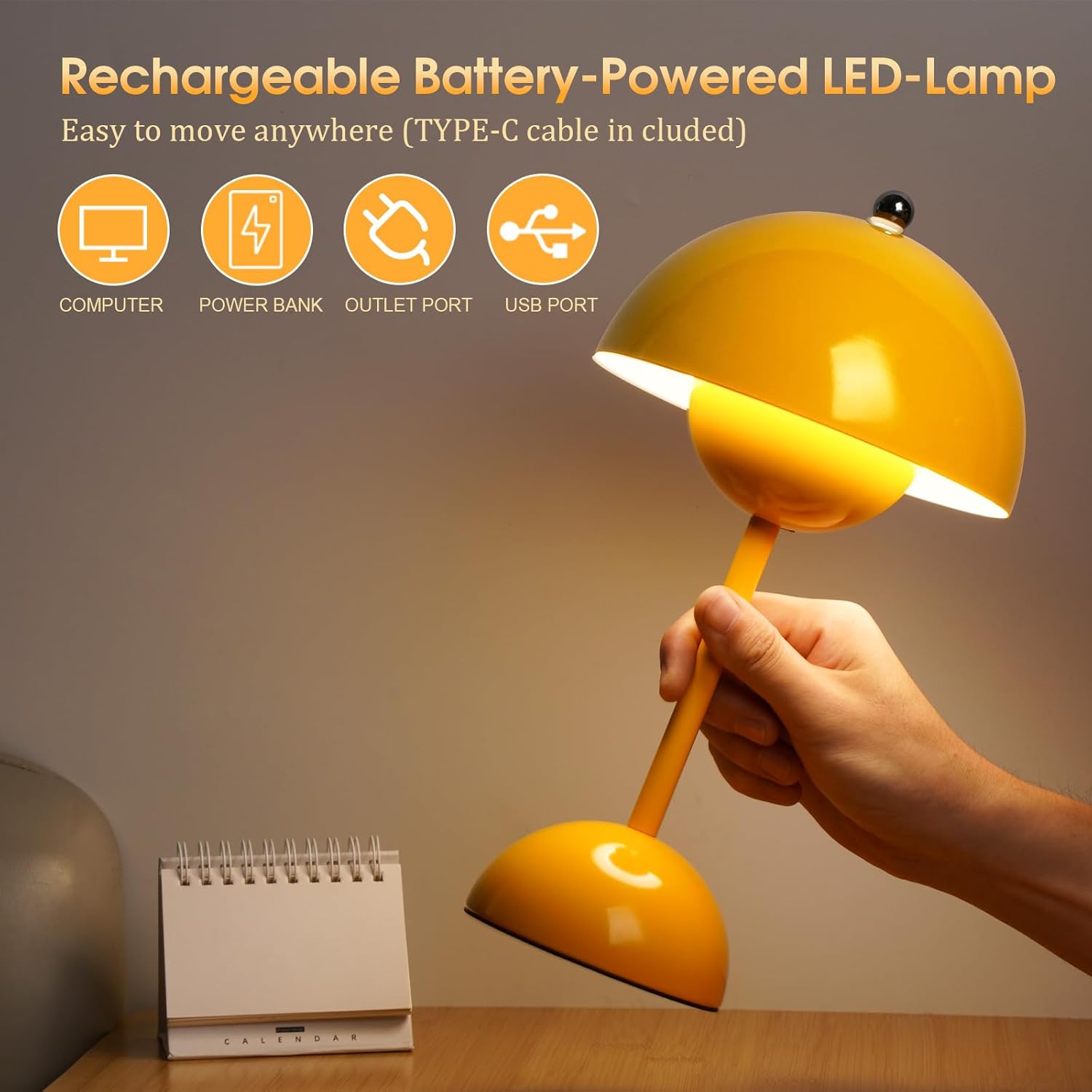 Ins Flowerpot Table Lamp Rechargeable Type-C Night Light Touch Dimmable Bedroom Bedside Lamp