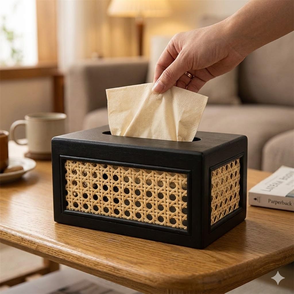 Solid Wood Rattan Tissue Box Woven Facial Tissue Dispenser For Bathroom Bedroom And Office Decor