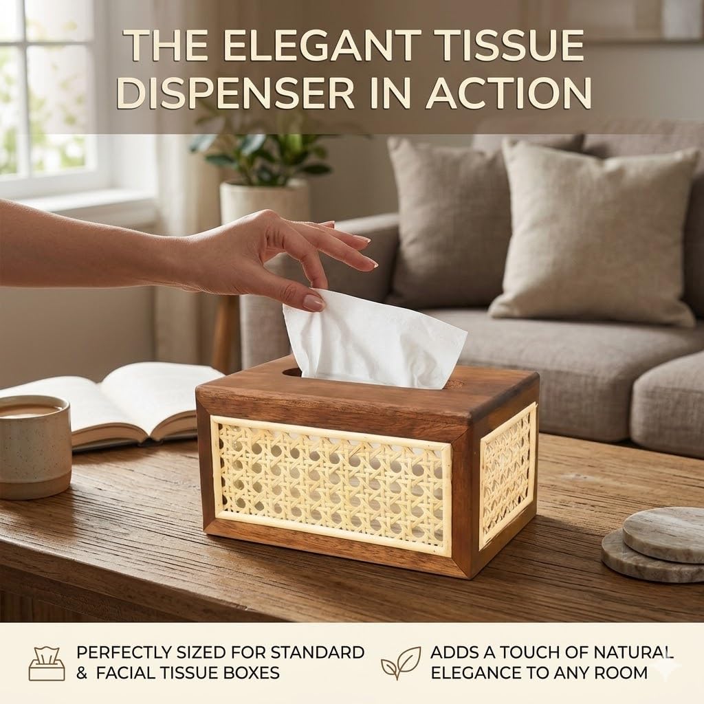 Solid Wood Rattan Tissue Box Woven Facial Tissue Dispenser For Bathroom Bedroom And Office Decor