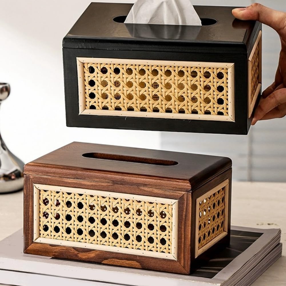 Solid Wood Rattan Tissue Box Woven Facial Tissue Dispenser For Bathroom Bedroom And Office Decor