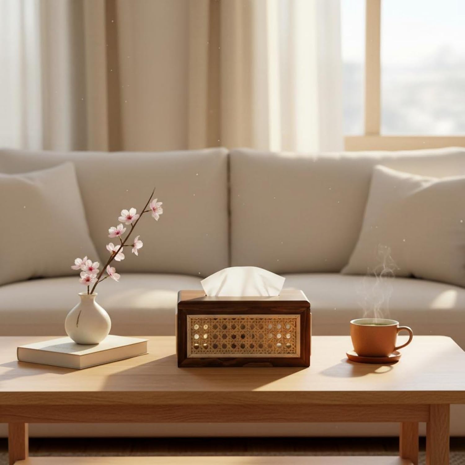 Solid Wood Rattan Tissue Box Woven Facial Tissue Dispenser For Bathroom Bedroom And Office Decor