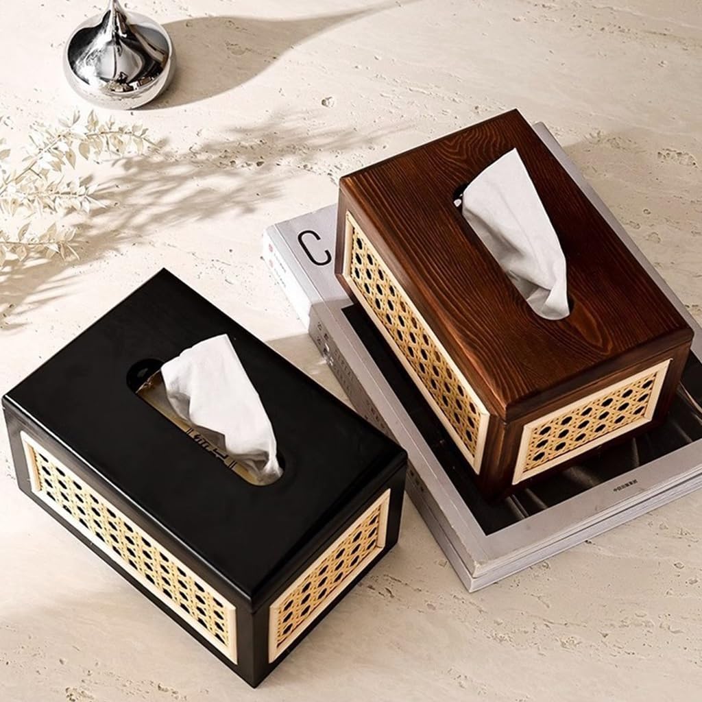 Solid Wood Rattan Tissue Box Woven Facial Tissue Dispenser For Bathroom Bedroom And Office Decor