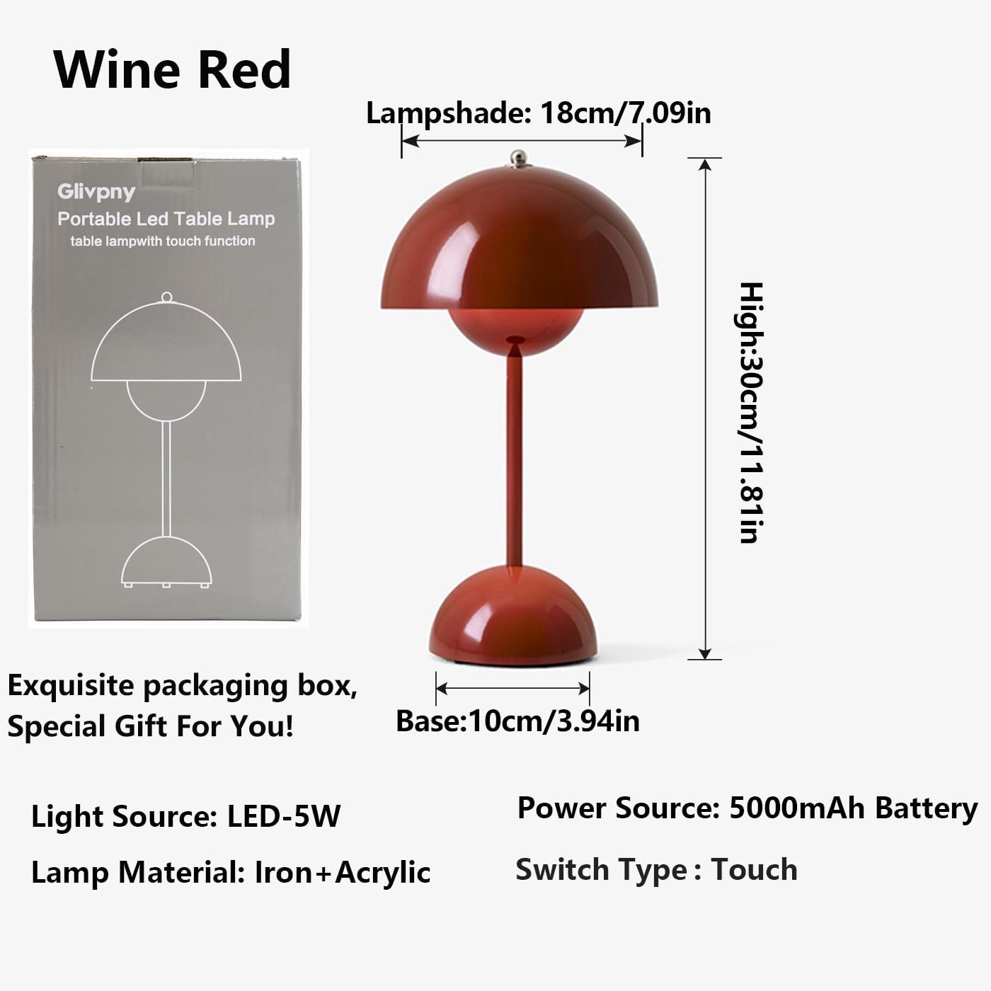 Ins Flowerpot Table Lamp Rechargeable Type-C Night Light Touch Dimmable Bedroom Bedside Lamp