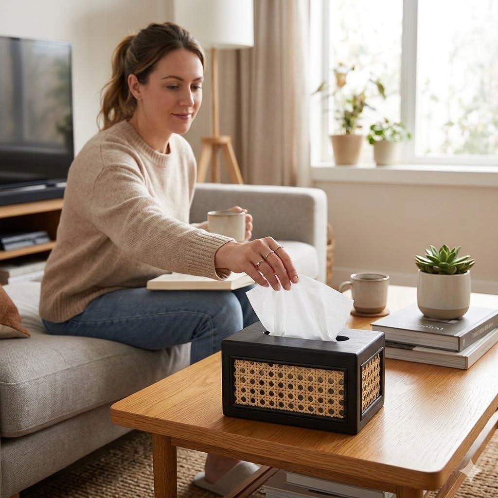 Solid Wood Rattan Tissue Box Woven Facial Tissue Dispenser For Bathroom Bedroom And Office Decor