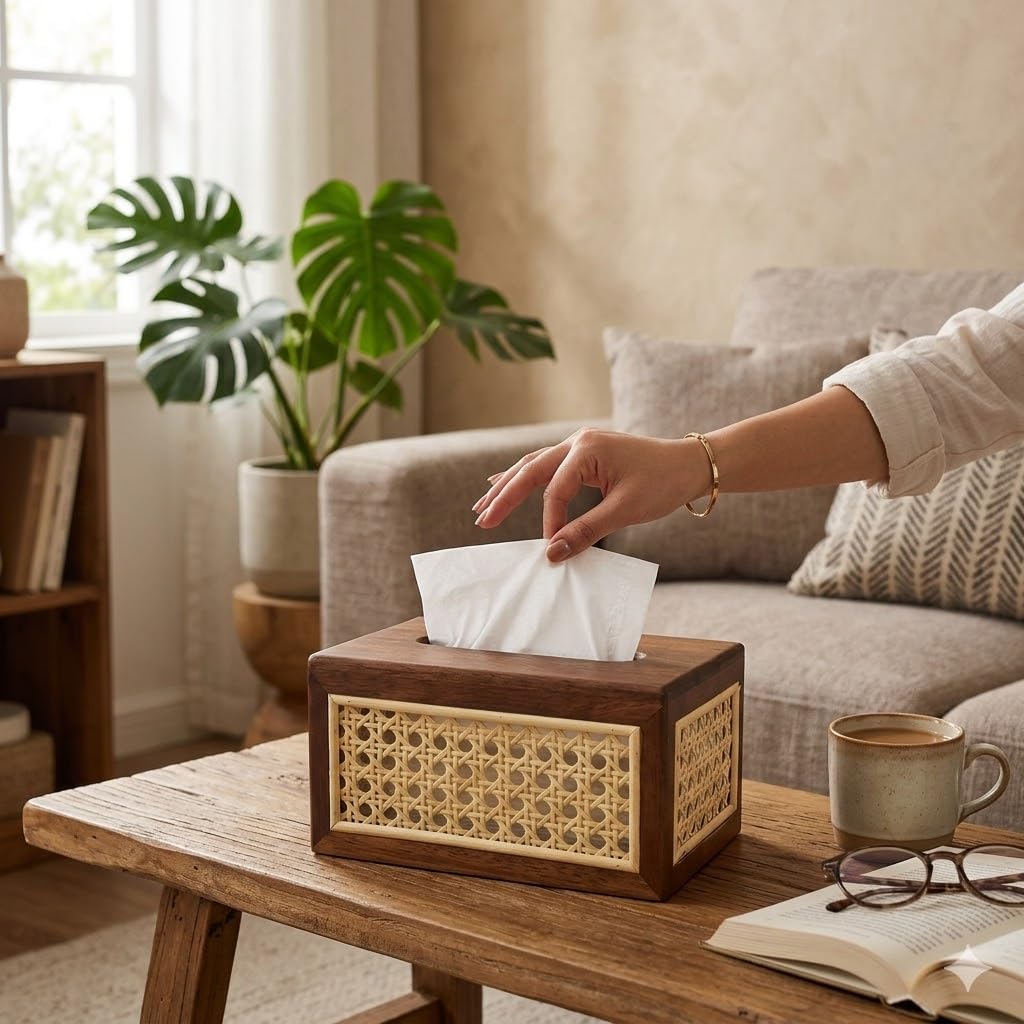 Solid Wood Rattan Tissue Box Woven Facial Tissue Dispenser For Bathroom Bedroom And Office Decor