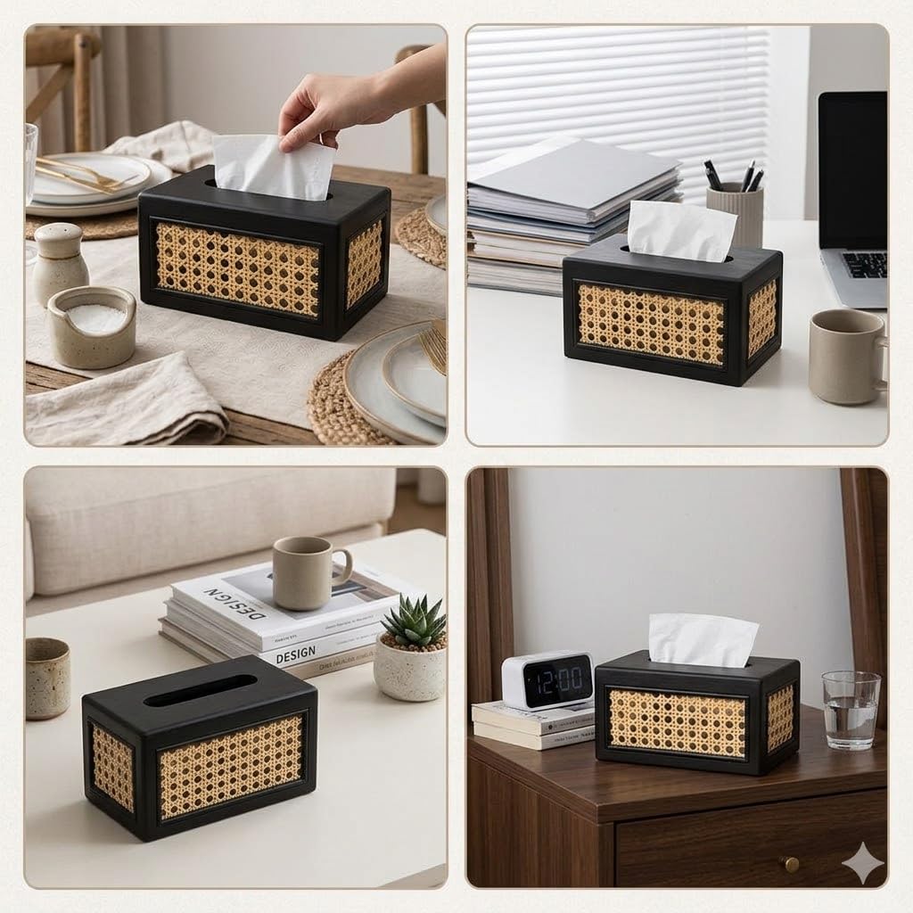 Solid Wood Rattan Tissue Box Woven Facial Tissue Dispenser For Bathroom Bedroom And Office Decor