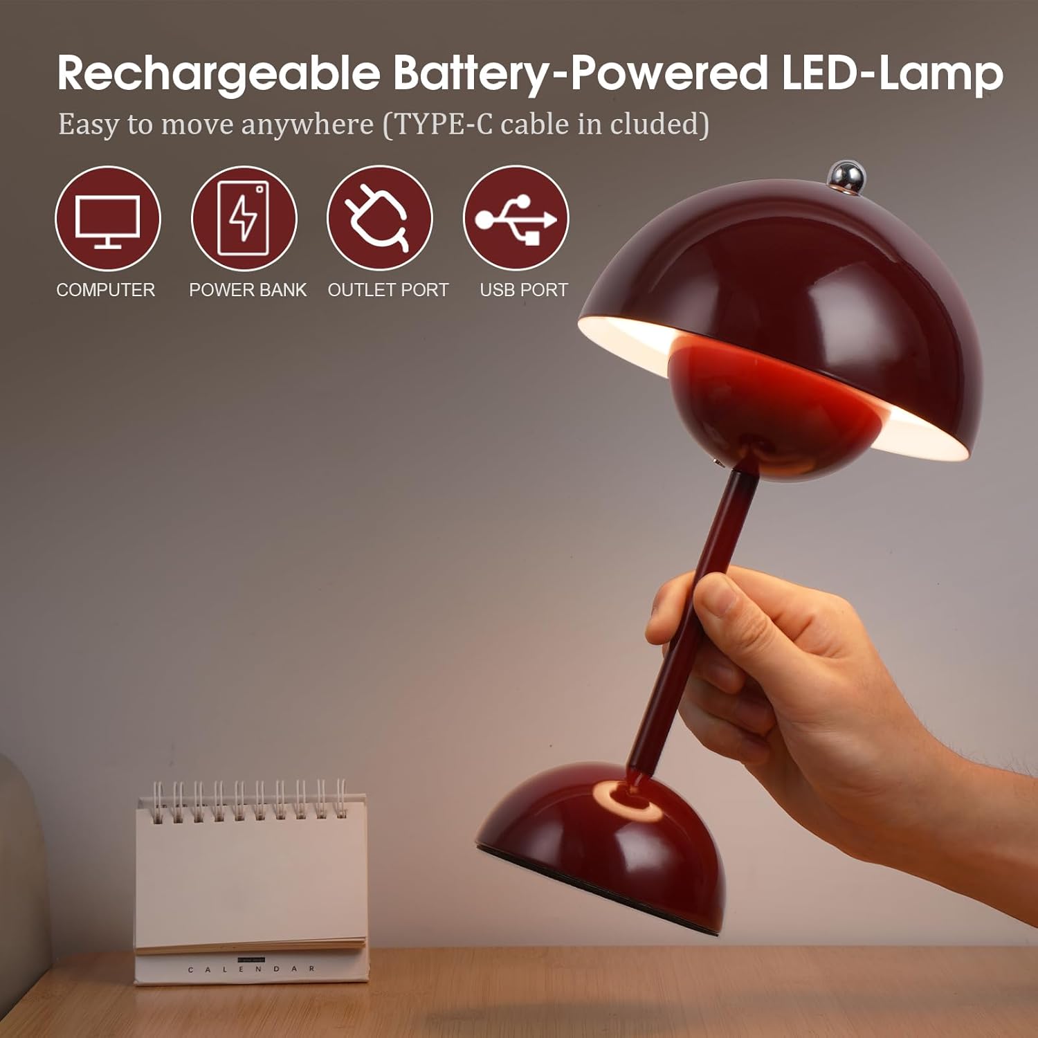 Ins Flowerpot Table Lamp Rechargeable Type-C Night Light Touch Dimmable Bedroom Bedside Lamp