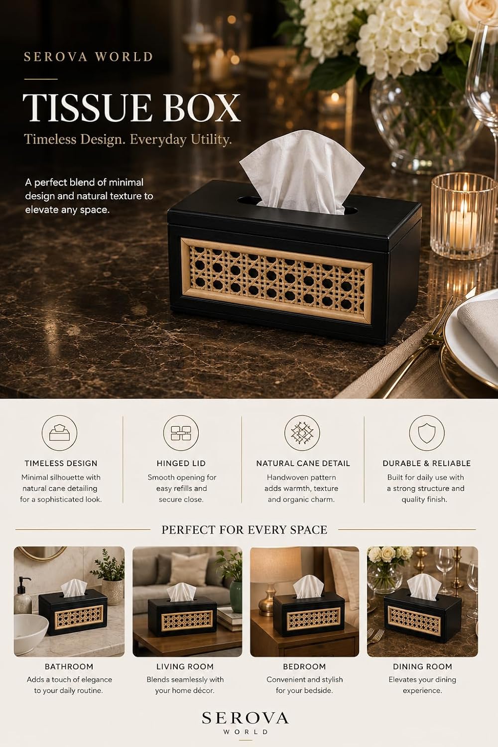 Solid Wood Rattan Tissue Box Woven Facial Tissue Dispenser For Bathroom Bedroom And Office Decor