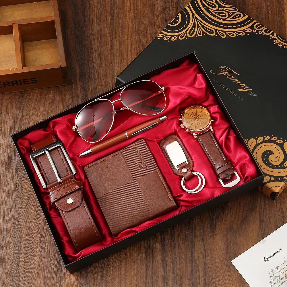 Men's Gift Set With Leather Belt Wallet Watch Glasses Keychain Ballpoint Pen Gifts For Men