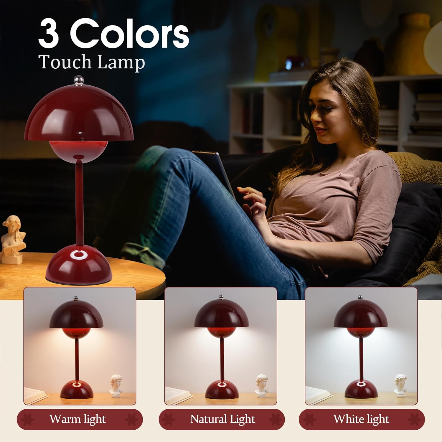 Ins Flowerpot Table Lamp Rechargeable Type-C Night Light Touch Dimmable Bedroom Bedside Lamp
