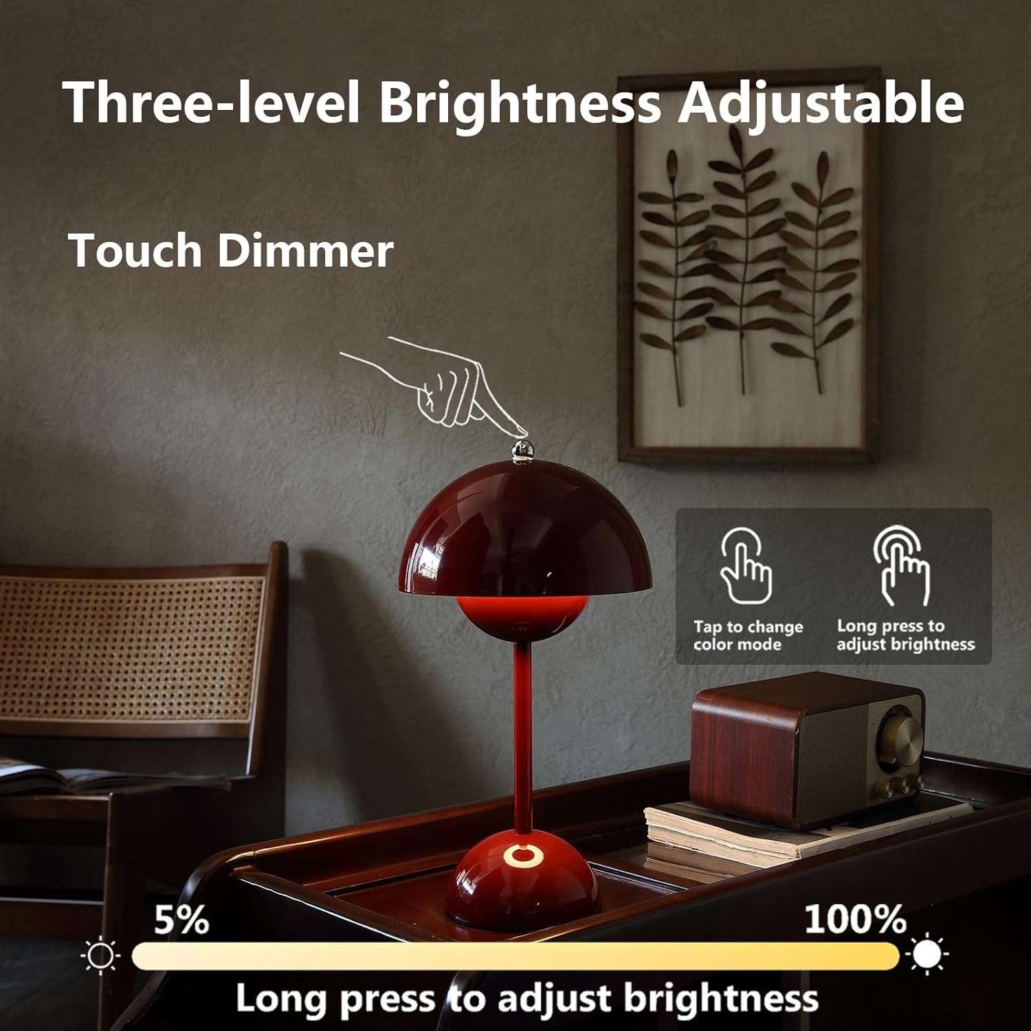 Ins Flowerpot Table Lamp Rechargeable Type-C Night Light Touch Dimmable Bedroom Bedside Lamp