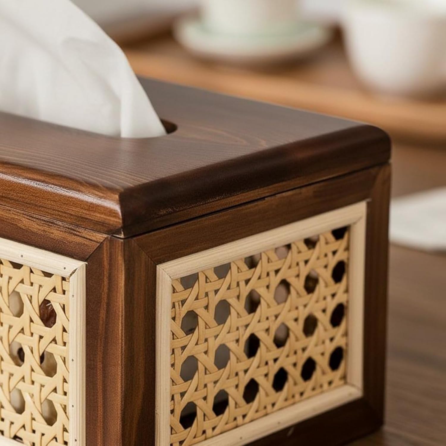 Solid Wood Rattan Tissue Box Woven Facial Tissue Dispenser For Bathroom Bedroom And Office Decor