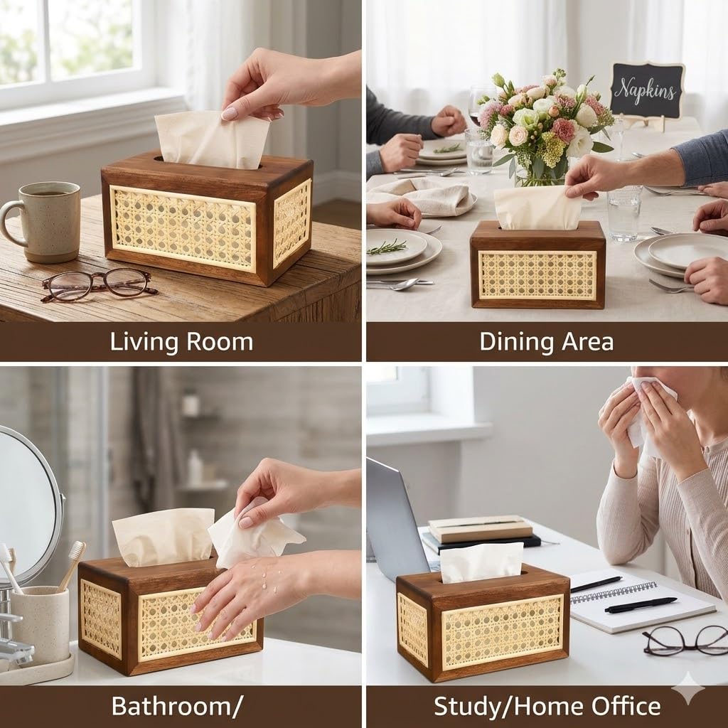 Solid Wood Rattan Tissue Box Woven Facial Tissue Dispenser For Bathroom Bedroom And Office Decor