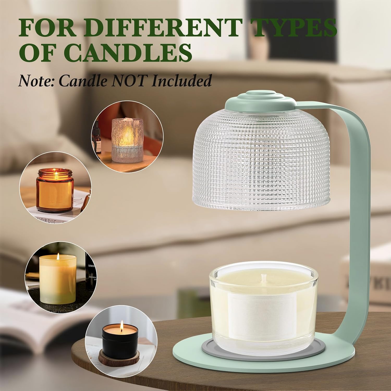 Candle Warmer Lamp Green with Timer Dimmer, Electric Candle Lamp Light Warmer Wax Heater With 2 Bulbs, Mom Christmas Birthday Gifts For Her Women, House Warming Gifts New Home