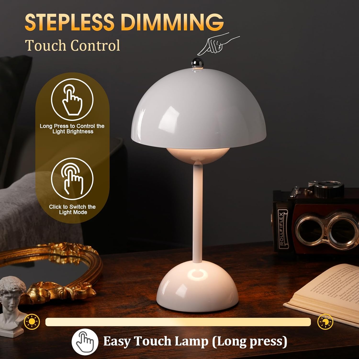 Ins Flowerpot Table Lamp Rechargeable Type-C Night Light Touch Dimmable Bedroom Bedside Lamp