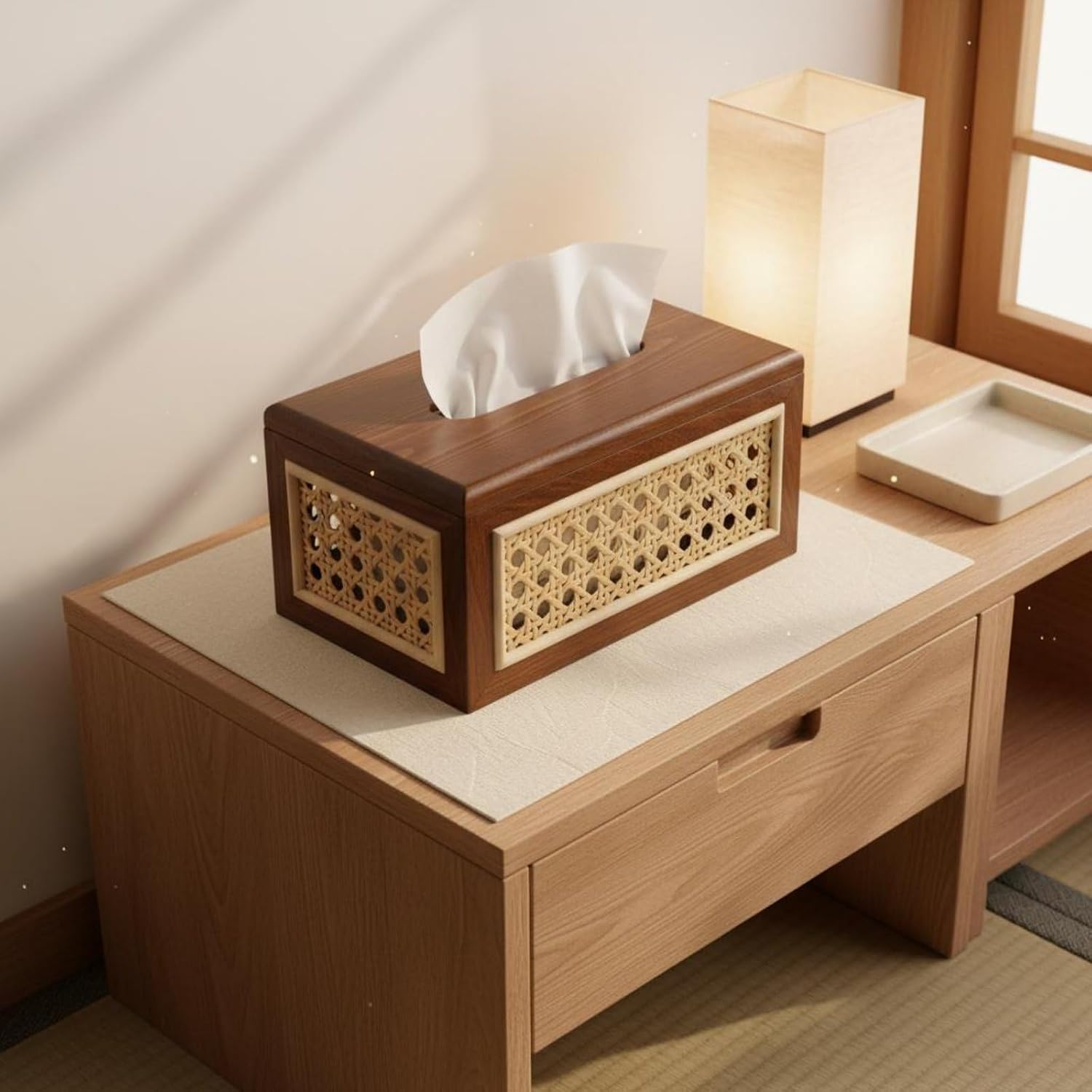 Solid Wood Rattan Tissue Box Woven Facial Tissue Dispenser For Bathroom Bedroom And Office Decor