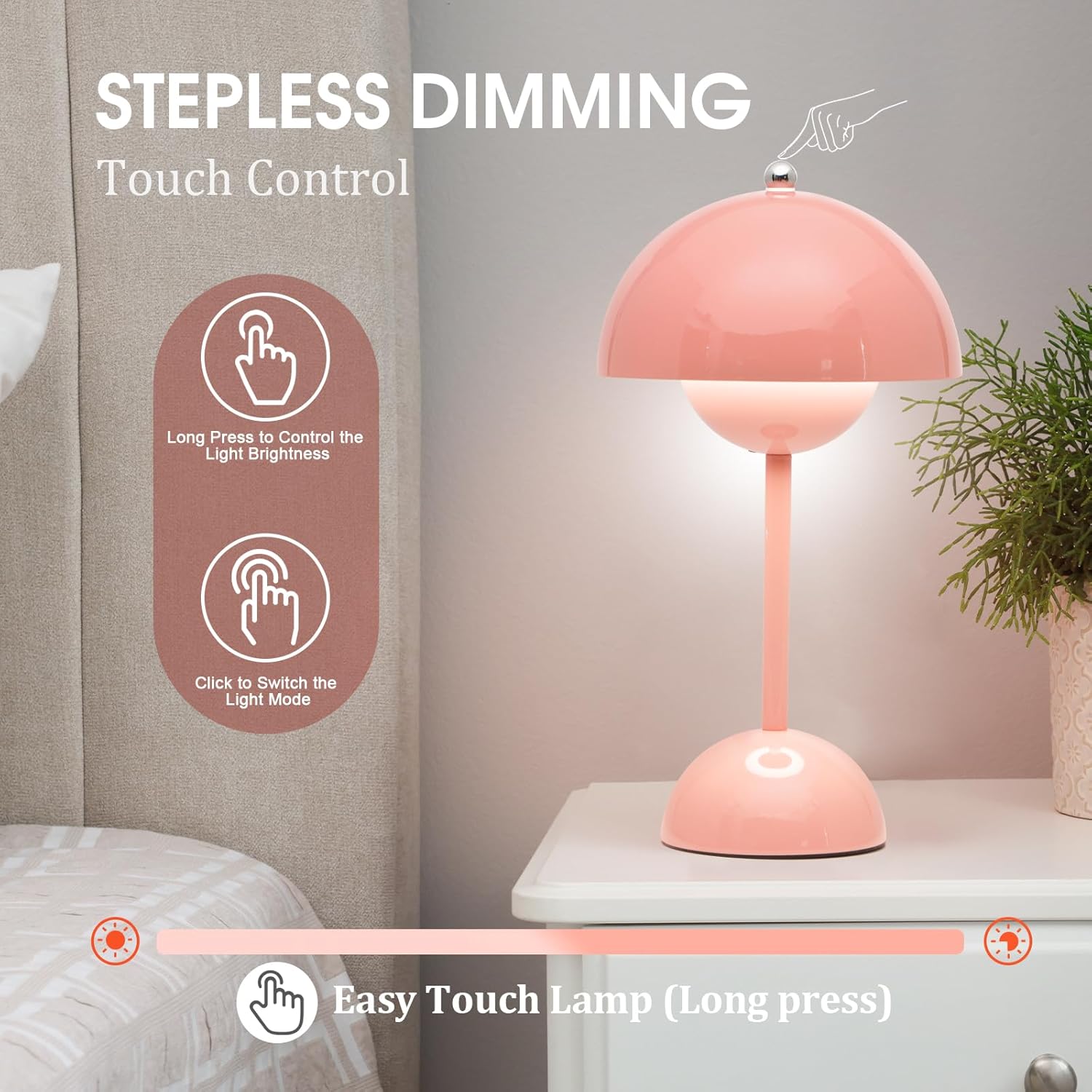Ins Flowerpot Table Lamp Rechargeable Type-C Night Light Touch Dimmable Bedroom Bedside Lamp