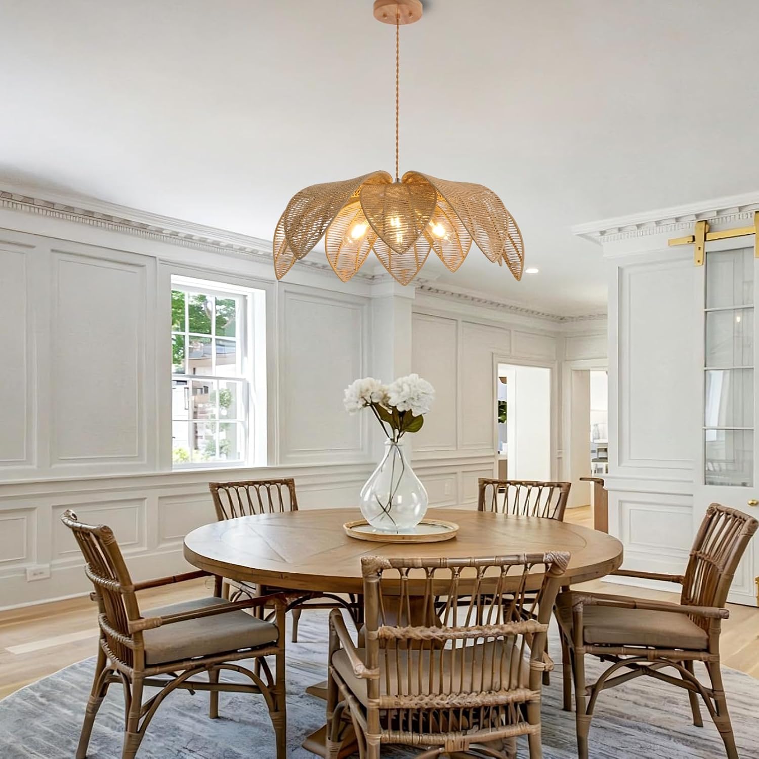 Rattan Boho Chandelier Hand Woven Wicker Pendant Light For Dining Room Kitchen Island Bedroom