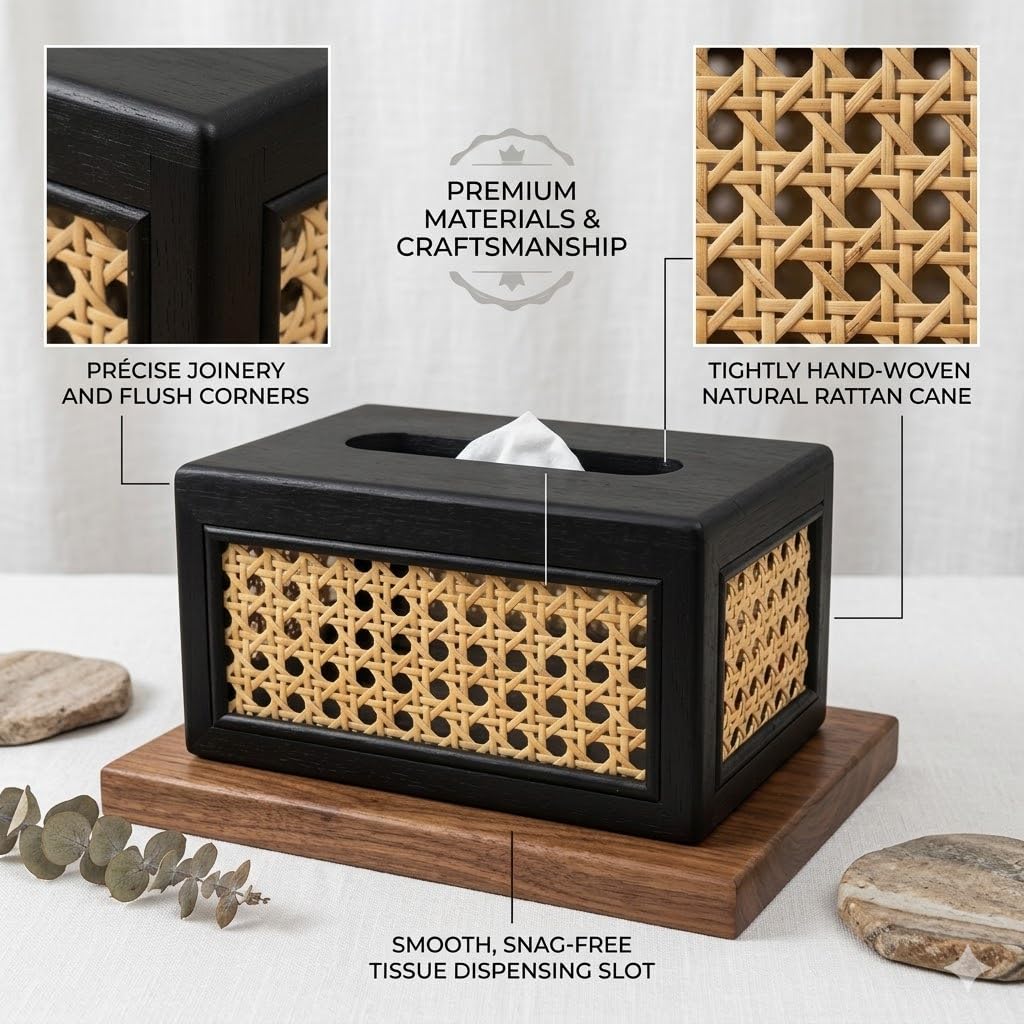 Solid Wood Rattan Tissue Box Woven Facial Tissue Dispenser For Bathroom Bedroom And Office Decor