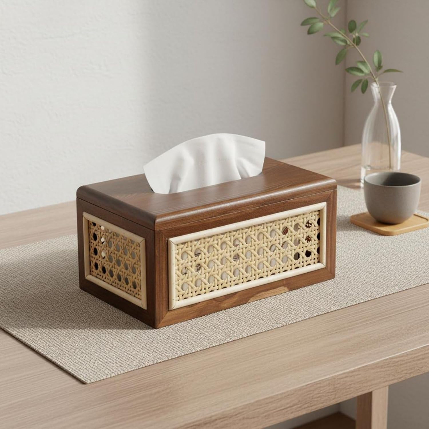 Solid Wood Rattan Tissue Box Woven Facial Tissue Dispenser For Bathroom Bedroom And Office Decor